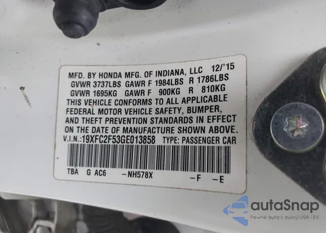 2016 Honda Civic Lx from USA, damaged, VIN 19XFC2F53GE013858